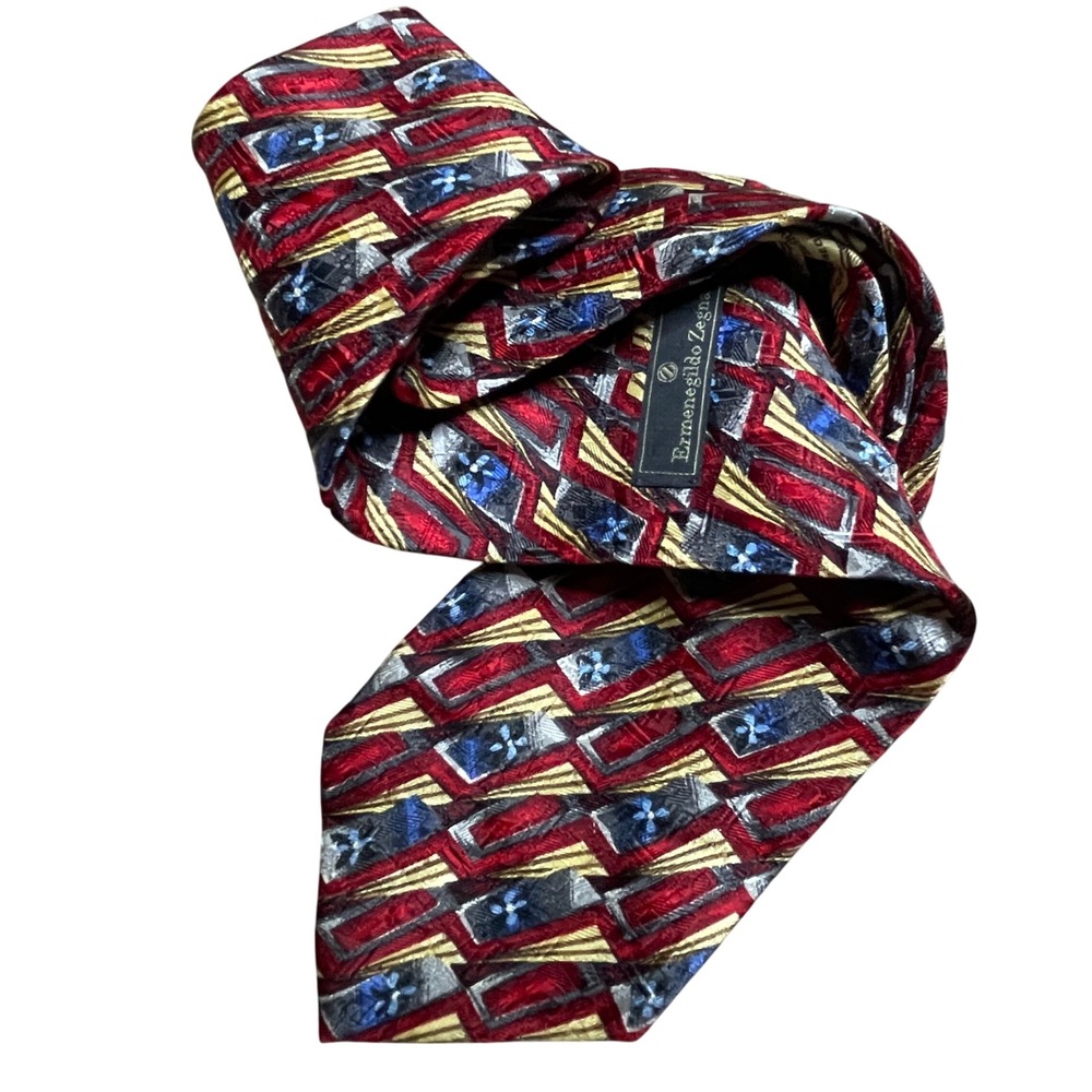 Ermenegildo Zegna‎ Silk Tie Necktie Red Gold Blue Geometric Pattern
